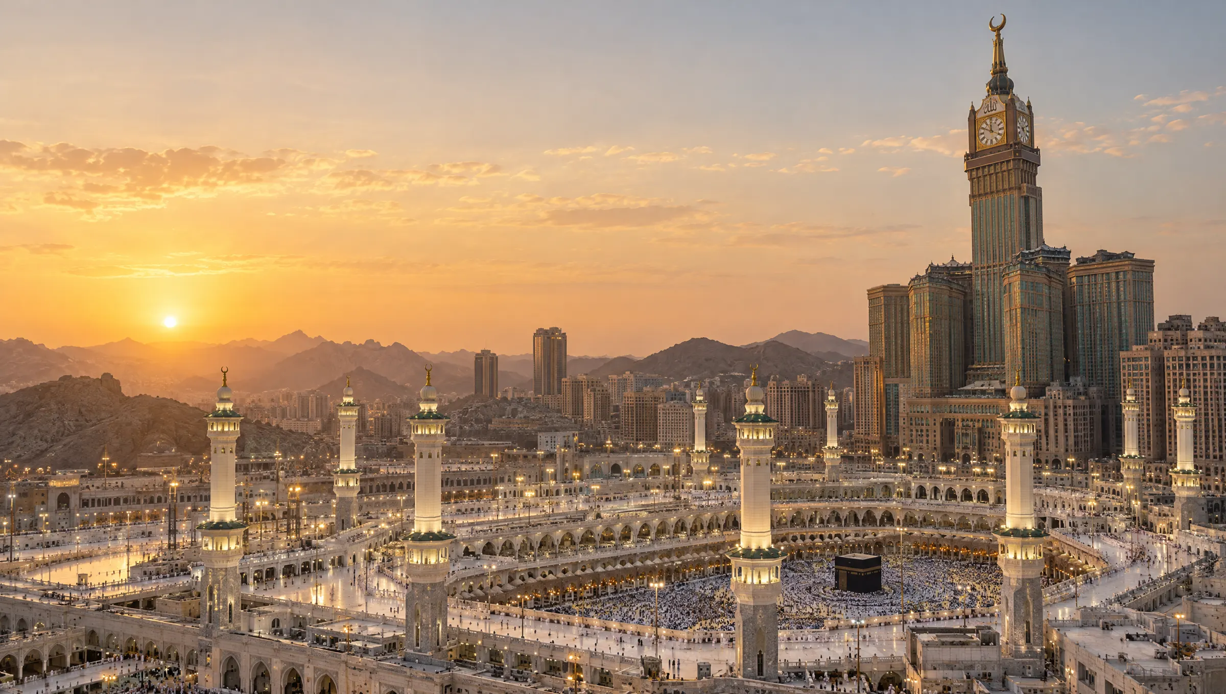 Masjidil Haram dan menara jam Makkah saat senja